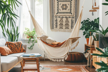 Cozy corner with a hammock chair, bohemian tapestries, and a low