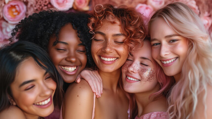 Fototapeta premium diverse women group hugging, social photography with pink and gold details