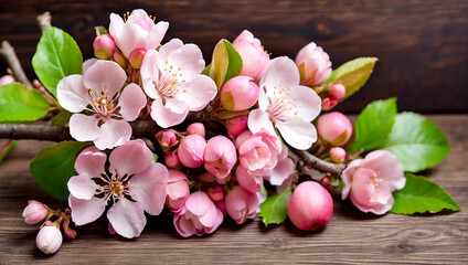 Obraz na płótnie Canvas Spring apple blossoms flowering branch on wooden background.