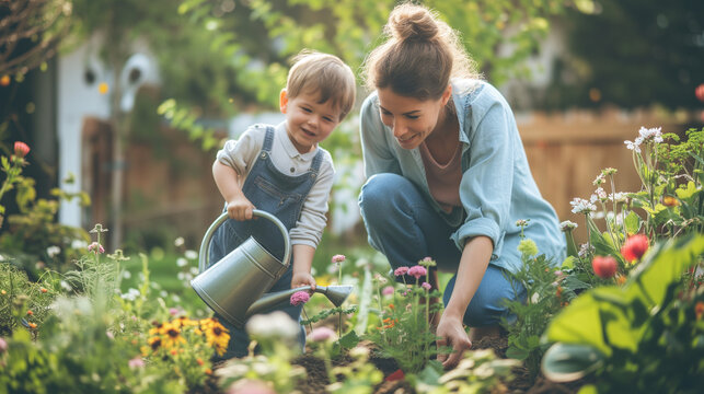 mother and son gardening together. mothers day concept