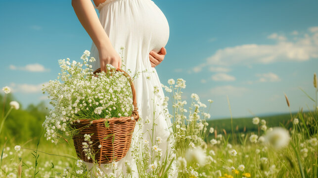 pregnant woman in white dress with flower basket, green field sunrise