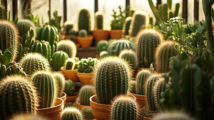 Fototapeta premium Verdant Collection of Spherical Cacti, a Symbol of Resilience and Adaptation, in a Serene Desert Greenhouse Environment