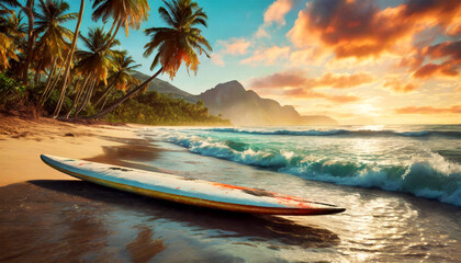 Surfboard on the sandy beach of a beautiful tropical island with palm trees and sea waves crashing...