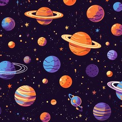 planets and sun on a purple background. the solar system and moon are in the pattern. hand drawn celestial pattern design.