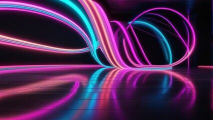 3d render. Abstract panoramic background of curvy dynamic neon lines glowing in the dark room with floor reflection. Virtual fluorescent ribbon. Fantastic wallpaper.  generative, AI.
