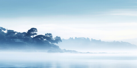 Fototapeta premium Serene ocean coastline with white mist. Tranquil landscape. Generative AI