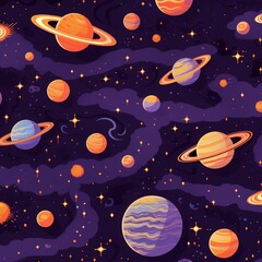 planets and sun on a purple background. the solar system and moon are in the pattern. hand drawn celestial pattern design.