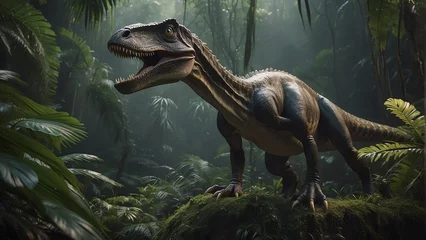 Fotobehang A t-rex dinosaur on a tropical jungle forest from Generative AI © sevenSkies