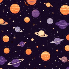 planets and sun on a purple background. the solar system and moon are in the pattern. hand drawn celestial pattern design.
