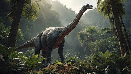 An Brachiosaurus dinosaur on a tropical jungle forest from Generative AI - obrazy, fototapety, plakaty