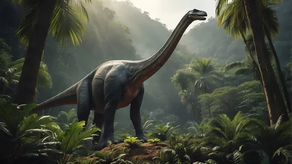 Foto op Plexiglas An Brachiosaurus dinosaur on a tropical jungle forest from Generative AI © sevenSkies