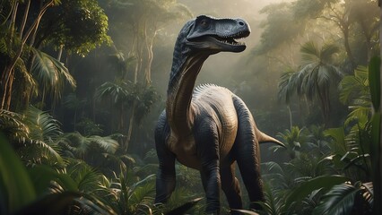 An Brachiosaurus dinosaur on a tropical jungle forest from Generative AI - obrazy, fototapety, plakaty