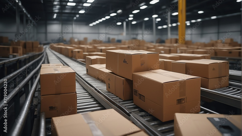 Poster cardboard package boxes on a conveyor belt within a sorting factory delivery warehouse from generati