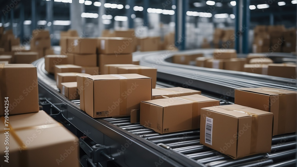 Poster cardboard package boxes on a conveyor belt within a sorting factory delivery warehouse from generati
