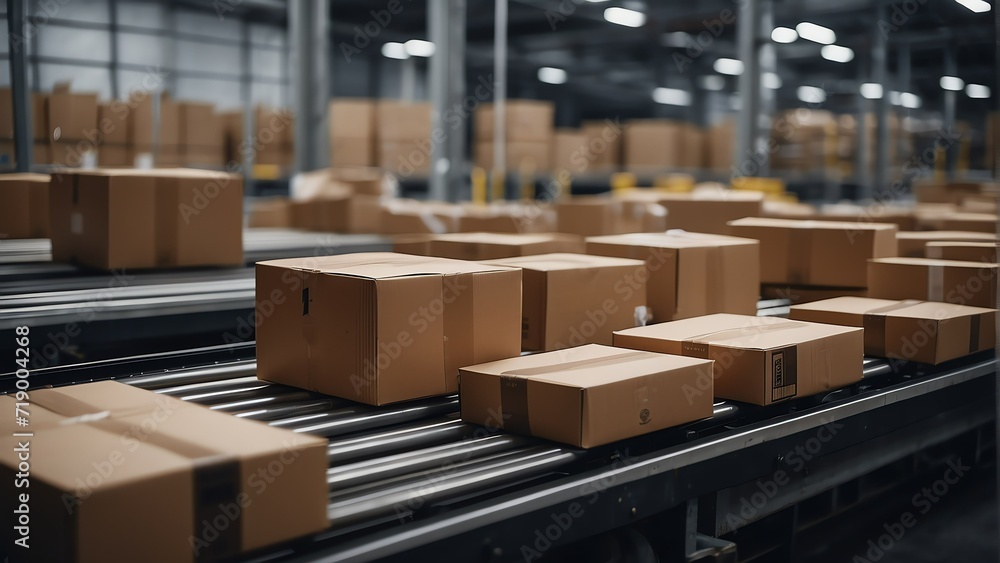 Poster cardboard package boxes on a conveyor belt within a sorting factory delivery warehouse from generati