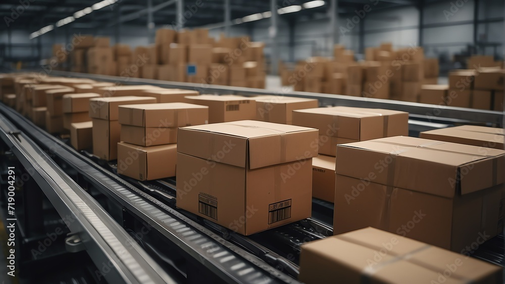 Poster cardboard package boxes on a conveyor belt within a sorting factory delivery warehouse from generati