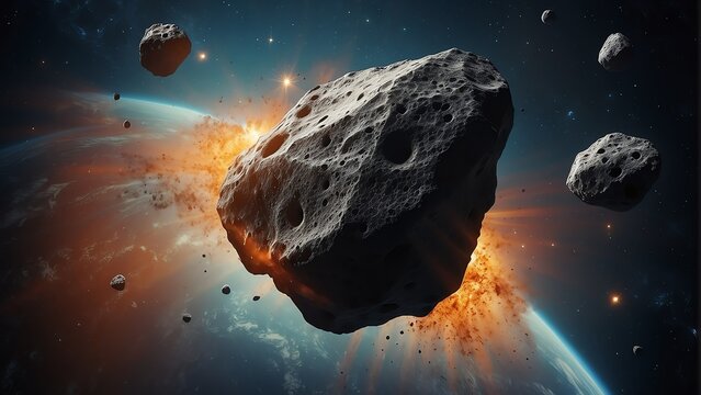 Asteroids on space nebula galaxy from Generative AI