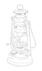 dotted line kerosene lamp. hand drawn old flashlight. vintage kerosene lamp