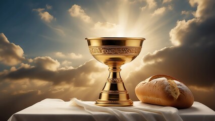 Golden chalice and a bread in heavenly background of clouds symbol of faith, concept of spirituality and religion worship from Generative AI - obrazy, fototapety, plakaty