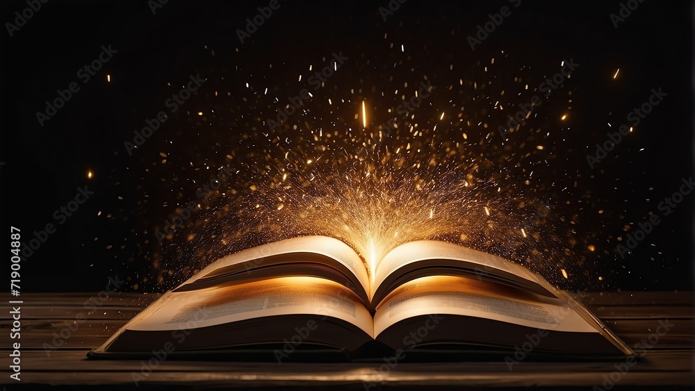 Poster open book on a wooden table emitting golden light and particles on a dark background from generative