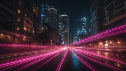 Nighttime cityscape with warp speed pink neon lights motion with blurred lights from buildings from Generative AI