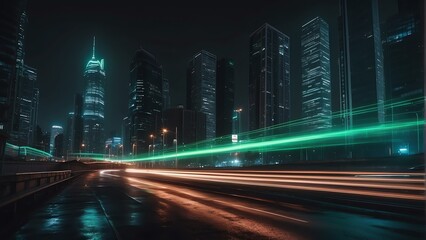 Fototapeta na wymiar Nighttime cityscape with warp speed green neon lights motion with blurred lights from buildings from Generative AI