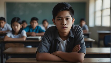 Portrait of a young teen filipino boy feeling lonely and sad on the school classroom background from Generative AI