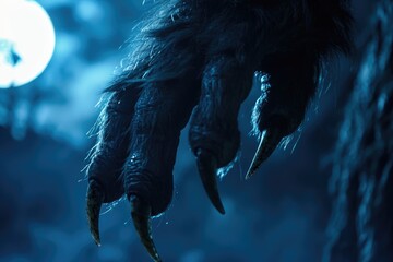 A close-up of a werewolfs paw with sharp claws in the moonlight illustration of a scary monster or animal claw or clawed hand