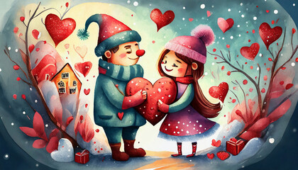 Valentine's Day concept in cartoon style. Couples full of love