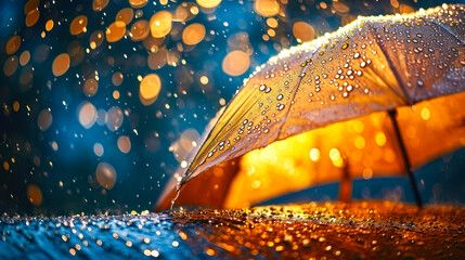 Golden umbrella canopy with sparkling water droplets against a bokeh light backdrop, embodying the cozy allure of rainy weather and the beauty of simple moments - obrazy, fototapety, plakaty