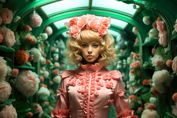 A young blonde woman in a pink dress, against the backdrop of a green corridor with flowers.
