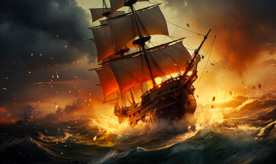 Dramatic maritime scene of tall ships engaged in a fierce battle on the high seas, with fiery explosions and turbulent ocean waves - obrazy, fototapety, plakaty