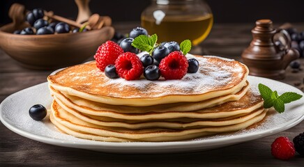 Delicious pancakes with different berries and sugar