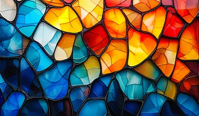 Foto auf Acrylglas Befleckt Colorful abstract stained glass pattern with a vibrant mosaic of interconnected shapes in varying shades of blue, orange, and yellow
