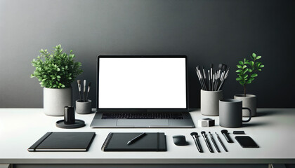 A neatly organized home office desk with a laptop, plant, and stationery, embodying a clean and modern work environment.