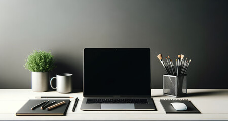 A neatly organized home office desk with a laptop, plant, and stationery, embodying a clean and modern work environment.