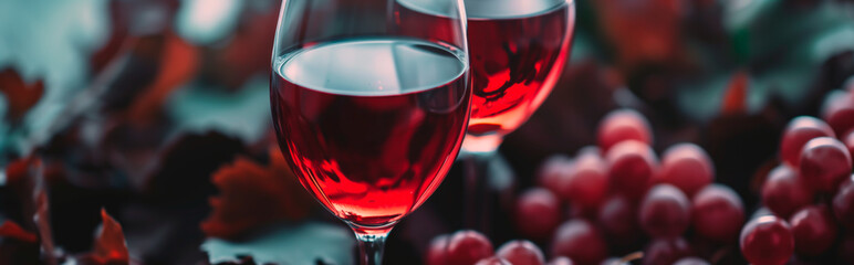 Vibrant red wine glasses with ripe grapes, winery and wine tasting concept.
