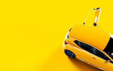 Yellow electric car connected to charger on yellow background with copy space. Automobile industry...