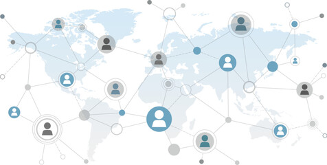 International network of people vector illustration. Concept with world map showing virtual connections, data exchange, worldwide team, users or friendship, collaboration & community, information.