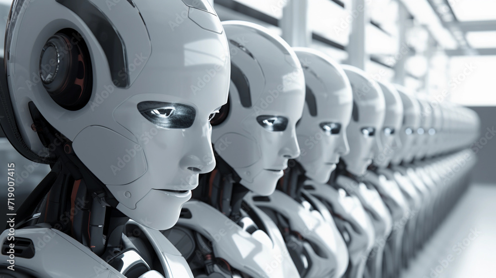 Poster humanoid robot row artificial intelligence cyber technology