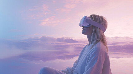 A virtual reality therapy session, where a patient immersed in a serene digital landscape - obrazy, fototapety, plakaty