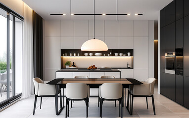 The dining room with a sleek black dining table, modern white chairs, and a pendant light, modern interior design of kitchen - obrazy, fototapety, plakaty