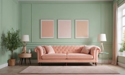 Pastel peach sofa in a mockup room with a green wall.