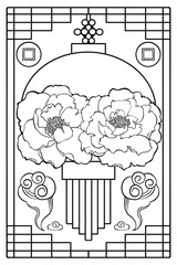 Chinese New Year pattern design, peony, lantern, coins and clouds, black and white, digital art.