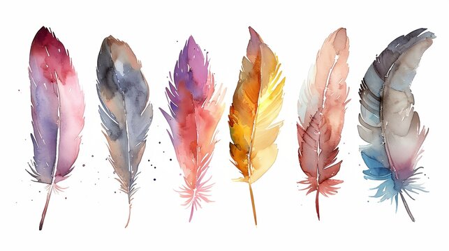 a row of colorful feathers on a white background