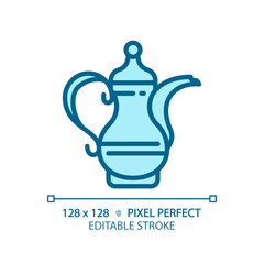 Arabic coffee pot light blue icon. Antique handmade traditional pot. Unique prestigious culture. RGB color sign. Simple design. Web symbol. Contour line. Flat illustration. Isolated object