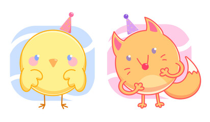 set of color vector illustrations. icons with holiday animals. fox and chicken