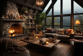 A warm and inviting living room featuring a crackling fireplace, perfect for cozy nights in. Comfortable seating, soft lighting, and rustic decor complete the cozy atmosphere