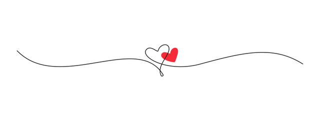 One continuous drawing of two hearts with red color love sign. Thin flourish ribbon and romantic symbol in simple linear style. Editable stroke. Doodle contour vector illustration