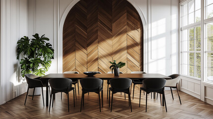 Fototapeta premium The interior design of a modern dining room with abstract wood paneling arched wall